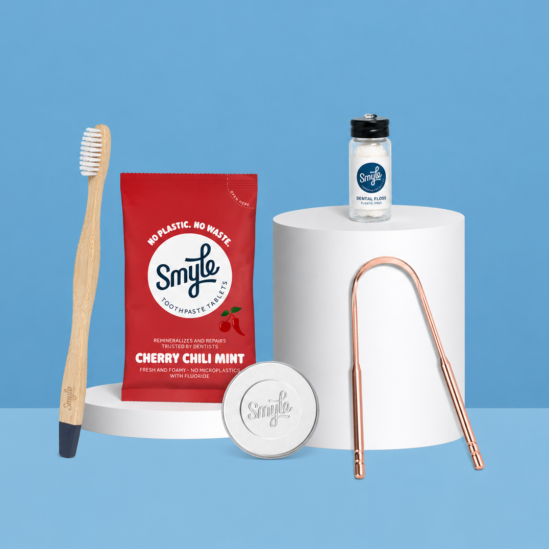 The Essential Travel Pack: Tabs + Floss + Tongue Cleaner + Bamboo Brush + Travel Tin