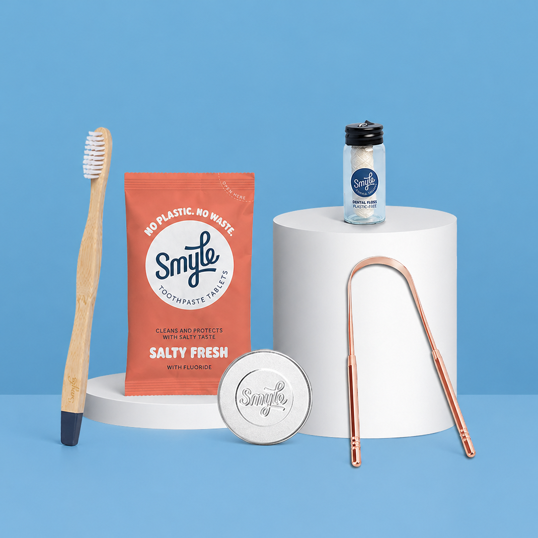 The Essential Travel Pack: Tabs + Floss + Tongue Cleaner + Bamboo Brush + Travel Tin