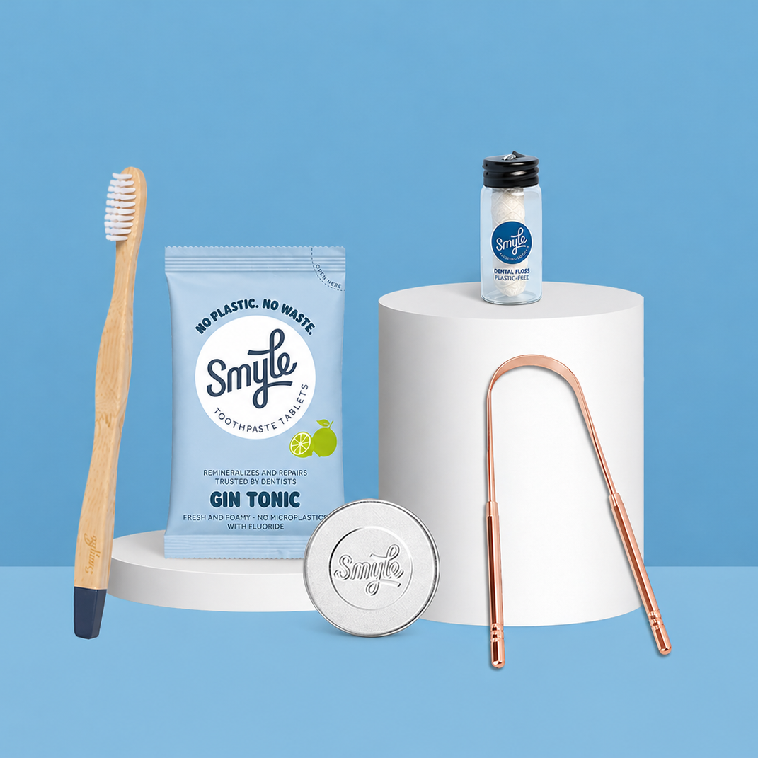 The Essential Travel Pack: Tabs + Floss + Tongue Cleaner + Bamboo Brush + Travel Tin
